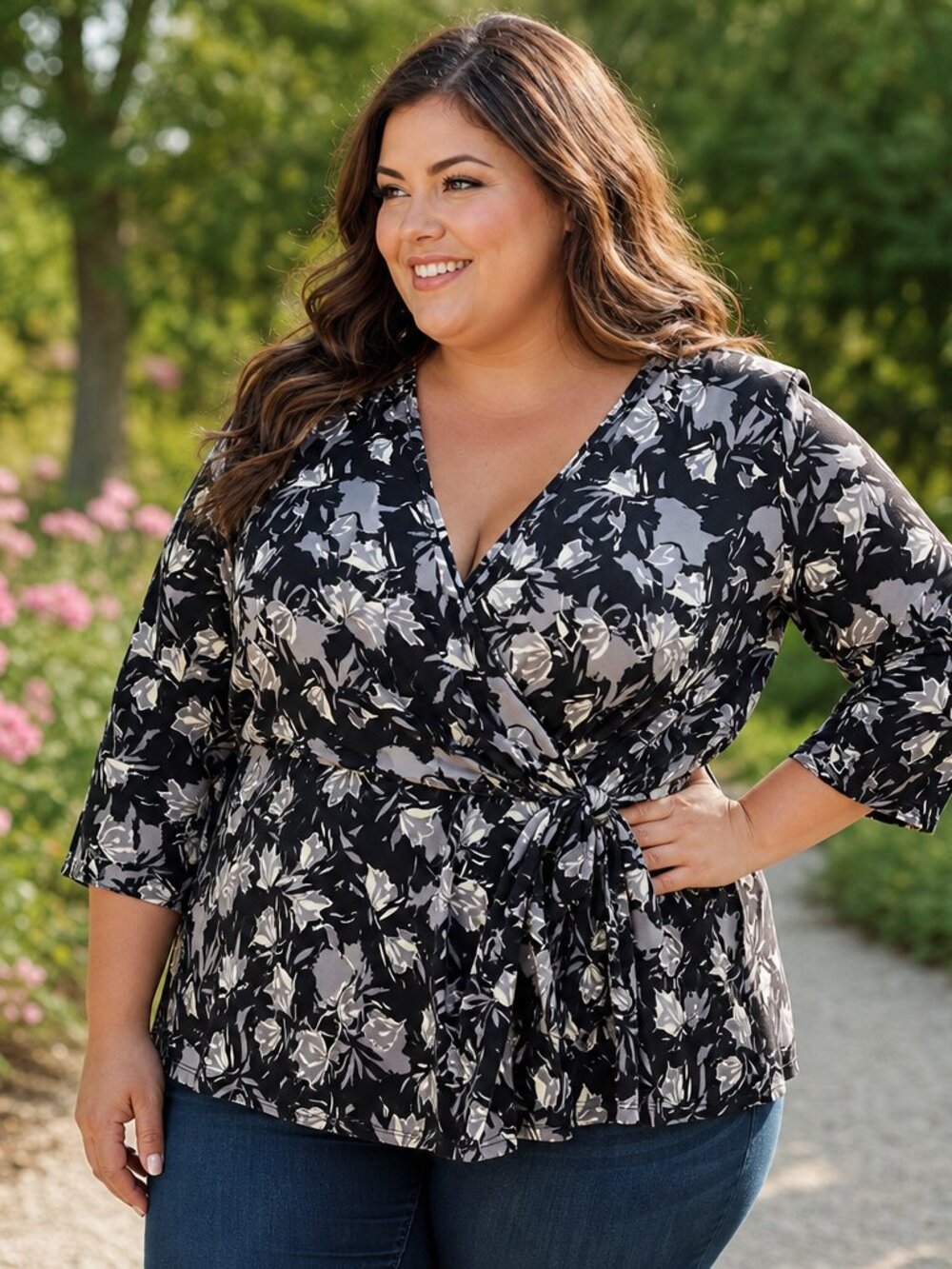 Ryan Wythe Black & White Floral Wrap Blouse – Size 2X